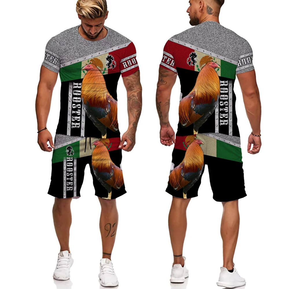 3d Print Rooster Man Summer Set 2 Piece Oversized Tshirt+ Sport Shorts Tracksuit Summer Cock Animal Short Sleeves Sports Suit
