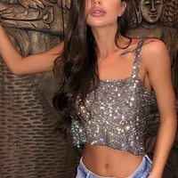 party tank straps night club vest new sexy fashion bling sequins diamonds cropped top women solid backless rhinestones cami