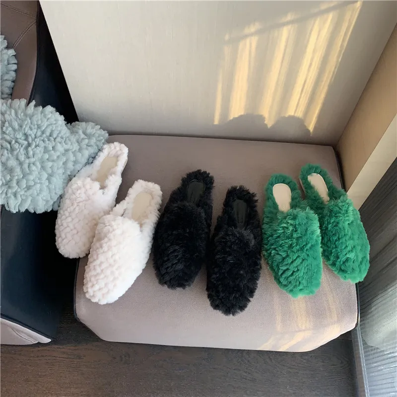 

Bailamos Women Fur Slippers Autumn Winter Flat Slippers Knitted Wool Women Shoes Warm Furry Muller Shoes Slip-On Slides Mujer
