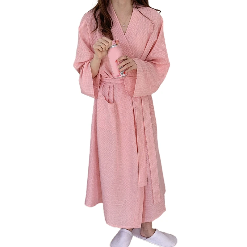 Women Long Sleeve Kimono Robe with Pockets V-Neck Open Front Belted Long Bathrobe Small Plaid Print Loose Nightgown 37JB