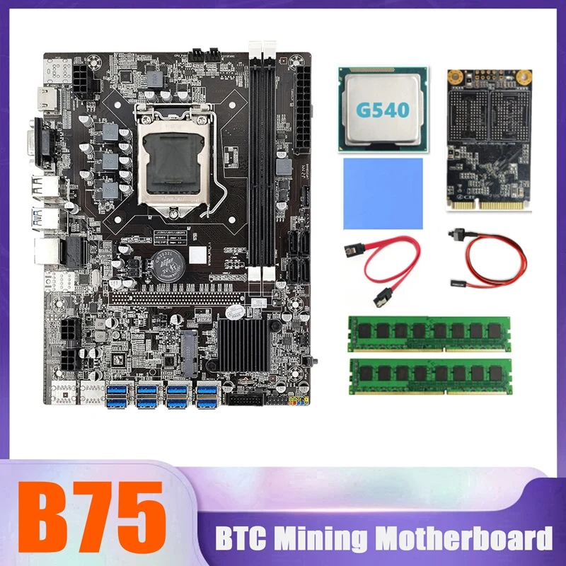 B75 BTC Miner Motherboard 8XUSB+G540 CPU+MSATA SSD 128G+2XDDR3 8G 1600Mhz RAM+SATA Cable+Switch Cable+Thermal Pad