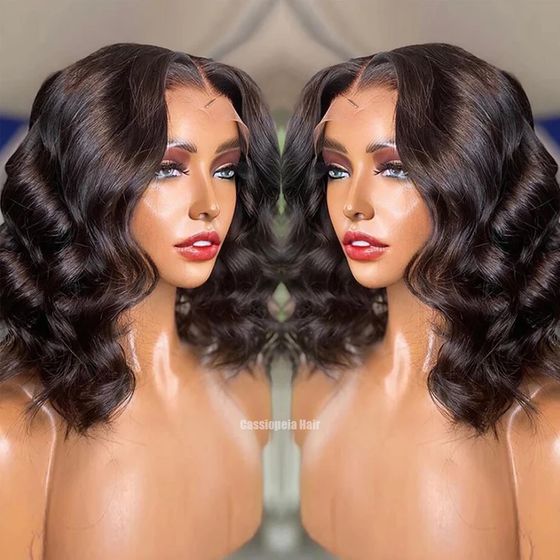 

Short Wave Silk Base Human Hair Bob Wig Brazilian Remy Water Wave 5x5 Silk Base Closure Wig For Women 16inch 250% Density