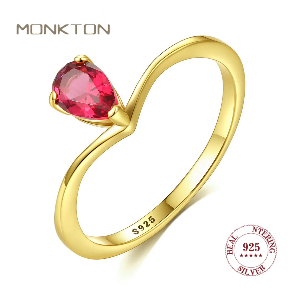 

Monkton Water Drop Pink Red Zirconia Gemstone Finger Rings Elegant V Shape Lady's 925 Silver Ring for Party Anniversary Jewelry