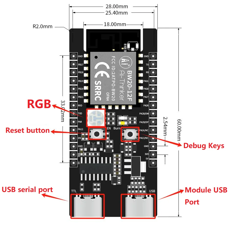Плата разработки модуля BW20-12F со встроенным двухдиапазонным чипом Wi-Fi/BLE SoC RTL8711
