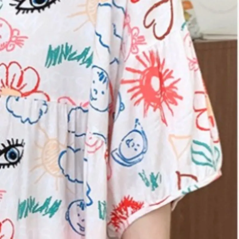 Summer Japanese Young La's Thin Cardigan Set Loose Cartoon Two Pieces Pajama Women Lovely V-Neck Half Sleeve Girl's Home Wear