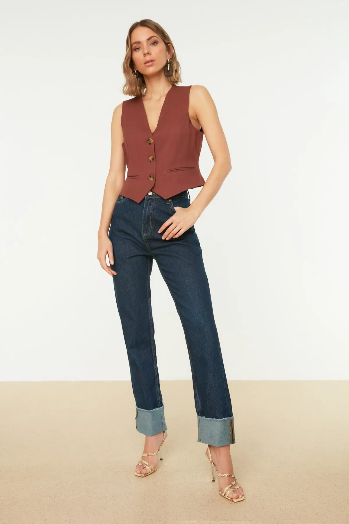 

Women's Jean Navy Blue Folded High Waist Bootcut Full Length Straight Pant Streetwear Female Buttons Zipper Ladies