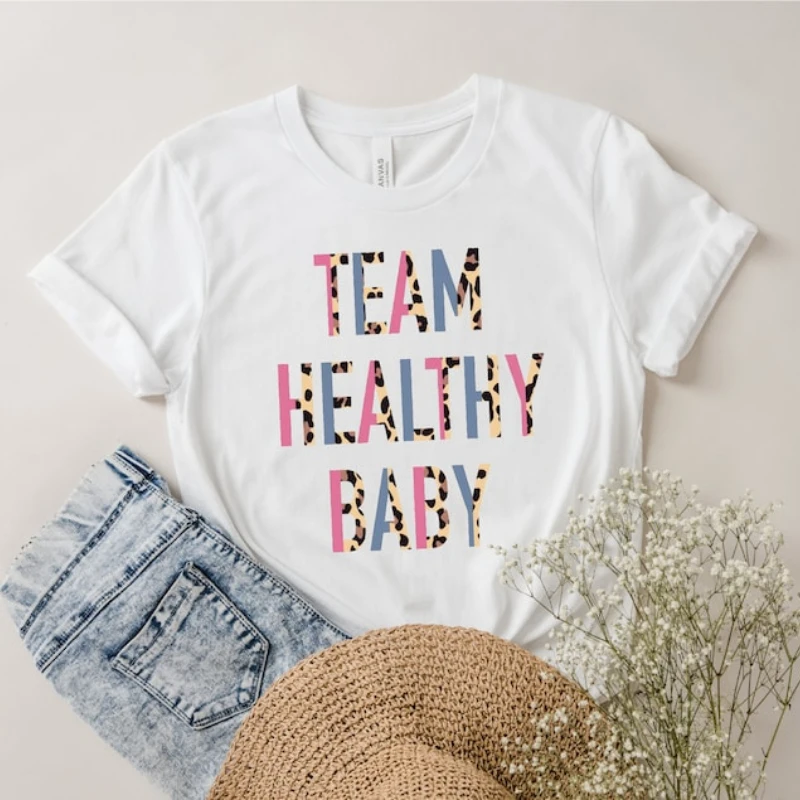 

Team Healthy Baby Shirt, Gender Reveal Party 100% cotton women's T-shirt Vintage women t shirt Summer Regular t shirt women