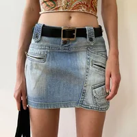 Summer Slim Fashion Sexy Club Solid Color Pockets Low Rise Casual Vintage Mini Skirt Women Girl Washed Denim Straight Skirts