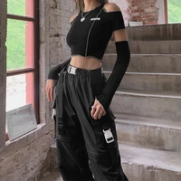 2022 personalized street stitching round neck exposed navel sleeve slim fit t shirt women women sexy tops y2k top