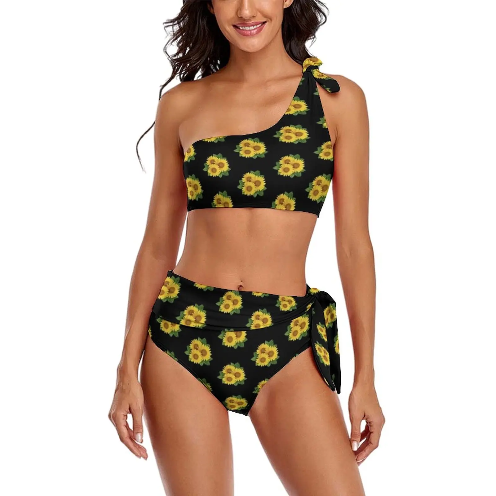 

Sunflower Print Bikini Swimsuit Yellow Floral High Waisted Swimwear Sexy Pattern Bikinis Set Female Push Up Swimsuits Beach Wear