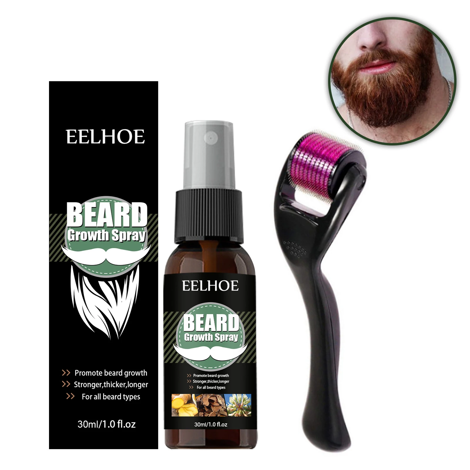 30ml Men Beard Growth Roller Kit Men's Beard Growth Oil Nourishing Enhancer Beard Oil Spray Anti Hair Loss With Beard Roller