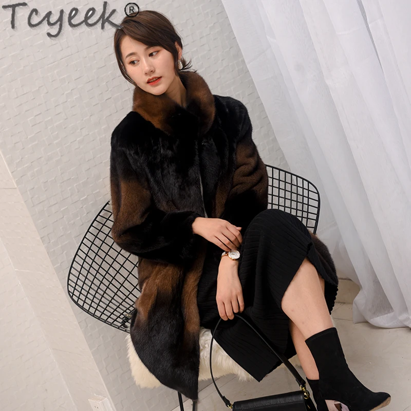 Куртка Tcyeek 23 средней длины теплая из натурального меха женская зимняя 100% пальто
