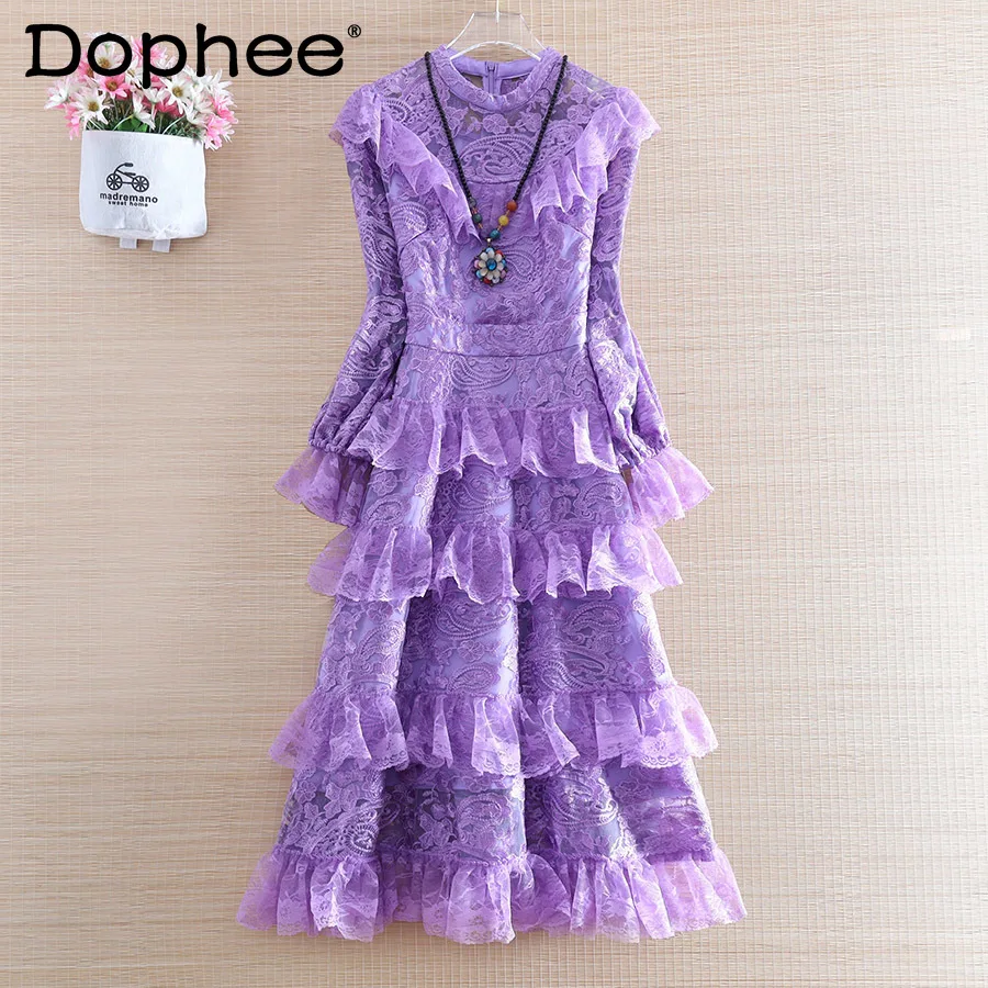 

Temperament High Waist Slim Maxi Lace Cake Dress Women 2022 Spring New Embroidery Ruffles Romantic Princess Birthday Maxi Dress