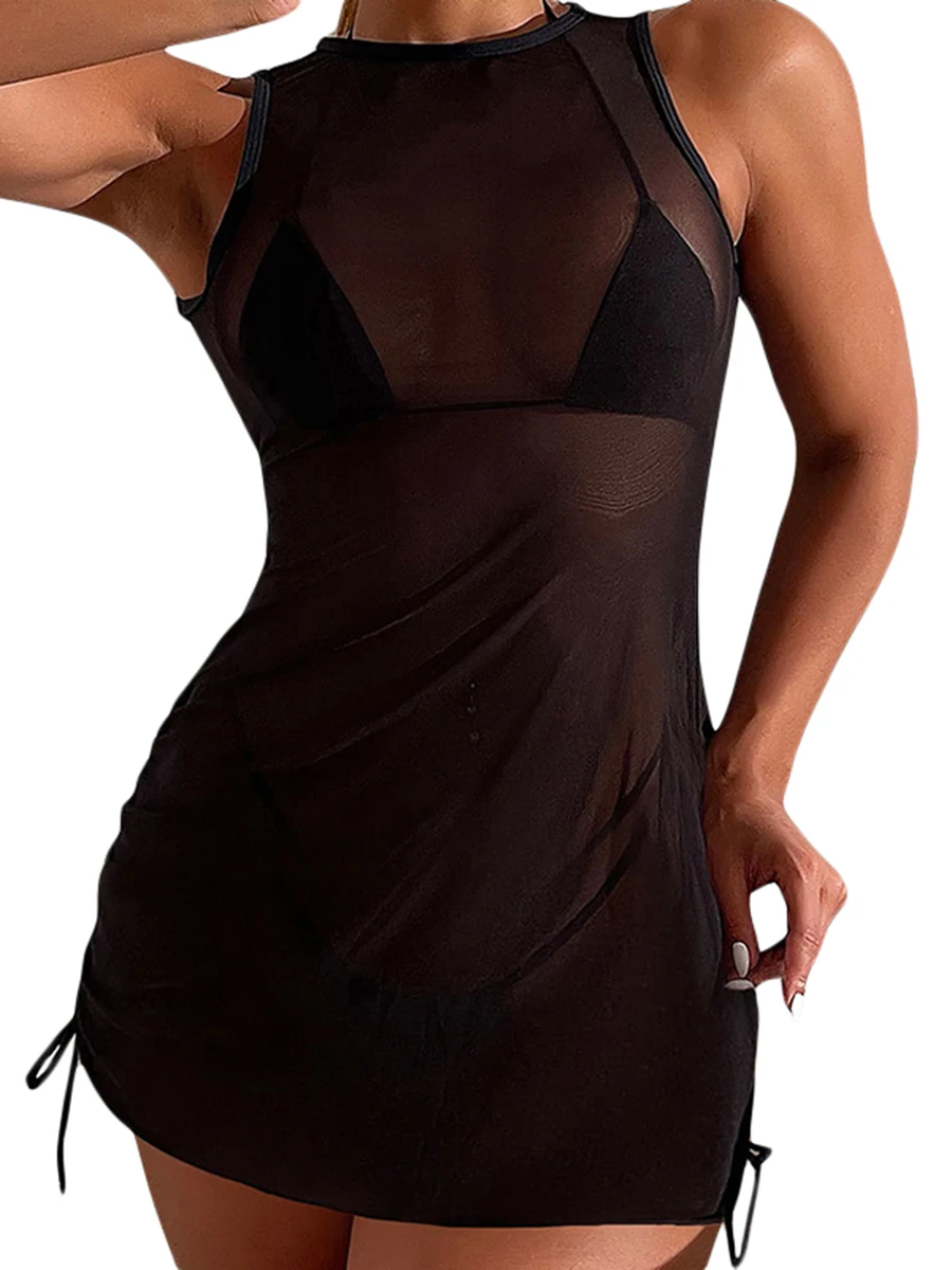 

Женская летняя прозрачная сетчатая накидка для купания, Пляжная прозрачная одежда для плавания без рукавов с рюшами и кулиской