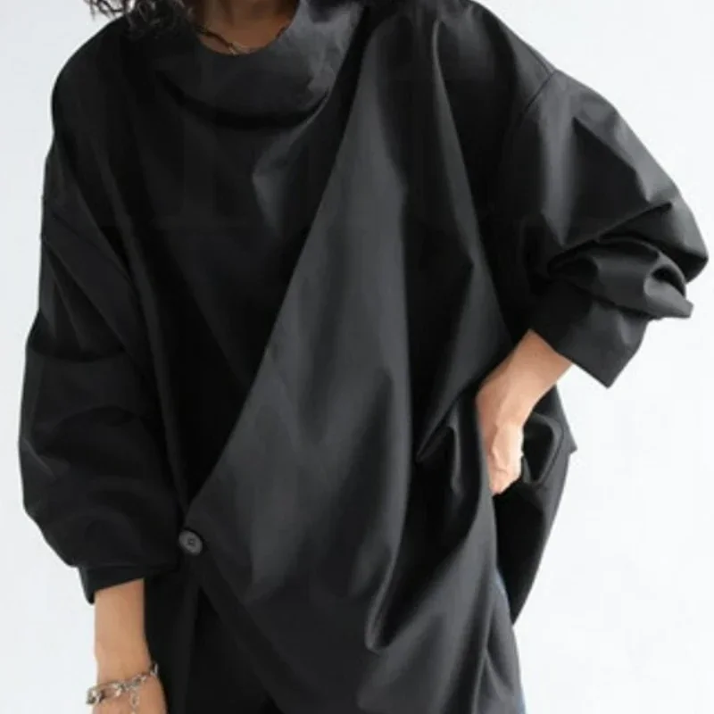 2024 новые черные свободные футболки с длинными рукавами и высоким воротом топы