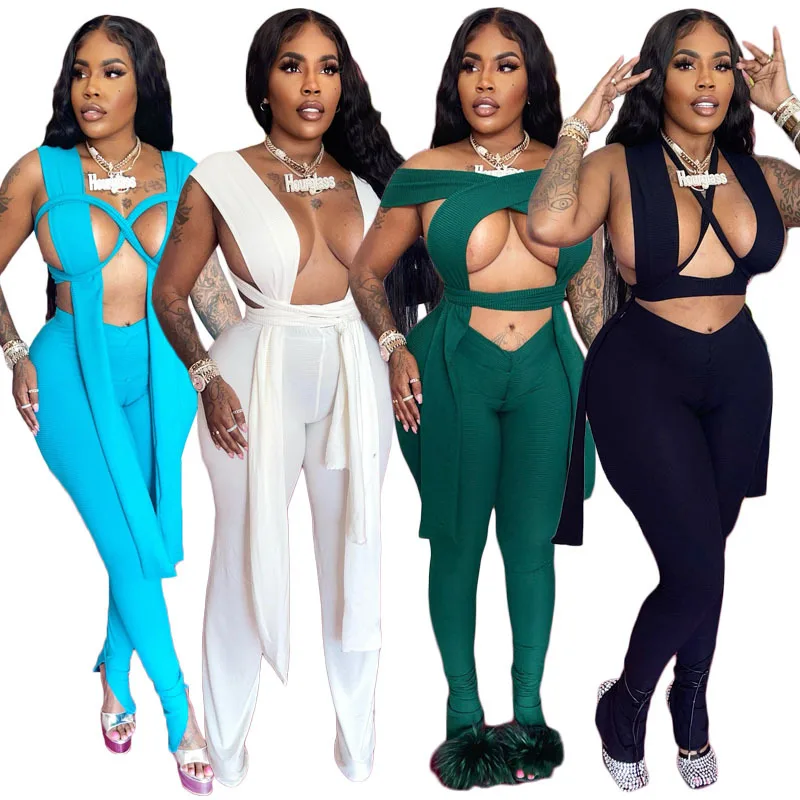 

Lace Up 2 Piece Set Women Summer Sexy V Neck Sleeveless Bandage Backless Top + Pants Slim Tracksuit Women Lounge Wear Outfits