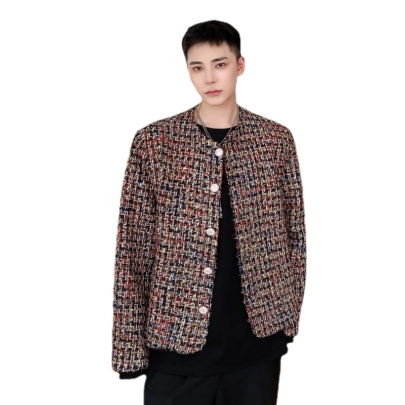 Autumn Men Brand Fashion Weave Woolen Pearl Buckle Short Jacket Man Korean Streetwear Vintage Trend Cardigan Coat Outerwear