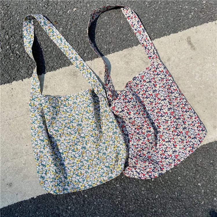 

Vintage Floral Ladies Tote Handbags Thin Cotton Cloth Women Flower Shoulder Messenger Bags Eco Reusable Girls Large Shopping Bag