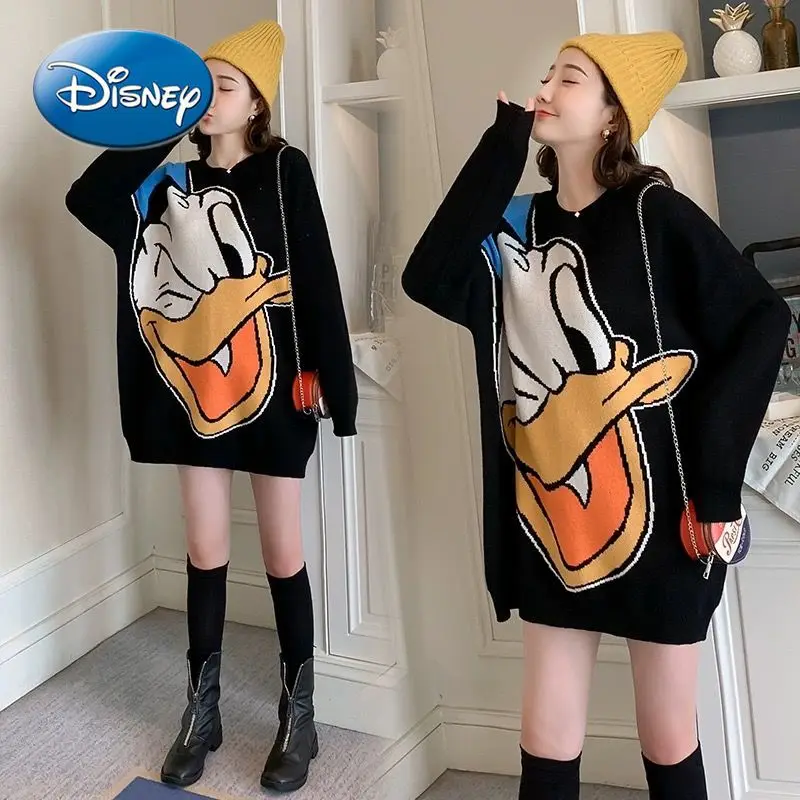Disney Donald Duck Autumn and Winter Thickened Mid-length Sweater Women's Jacquard Loose Pullover Sweater Sweater