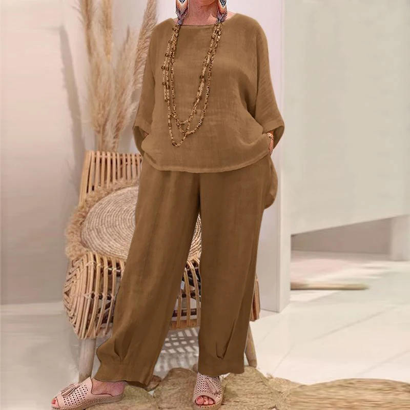 

Harajuku Vintage Solid Cotton Linen Outfits Women O Neck Long Sleeve Top Pullover Pocket Pants Set New Spring Summer 2pcs Suit