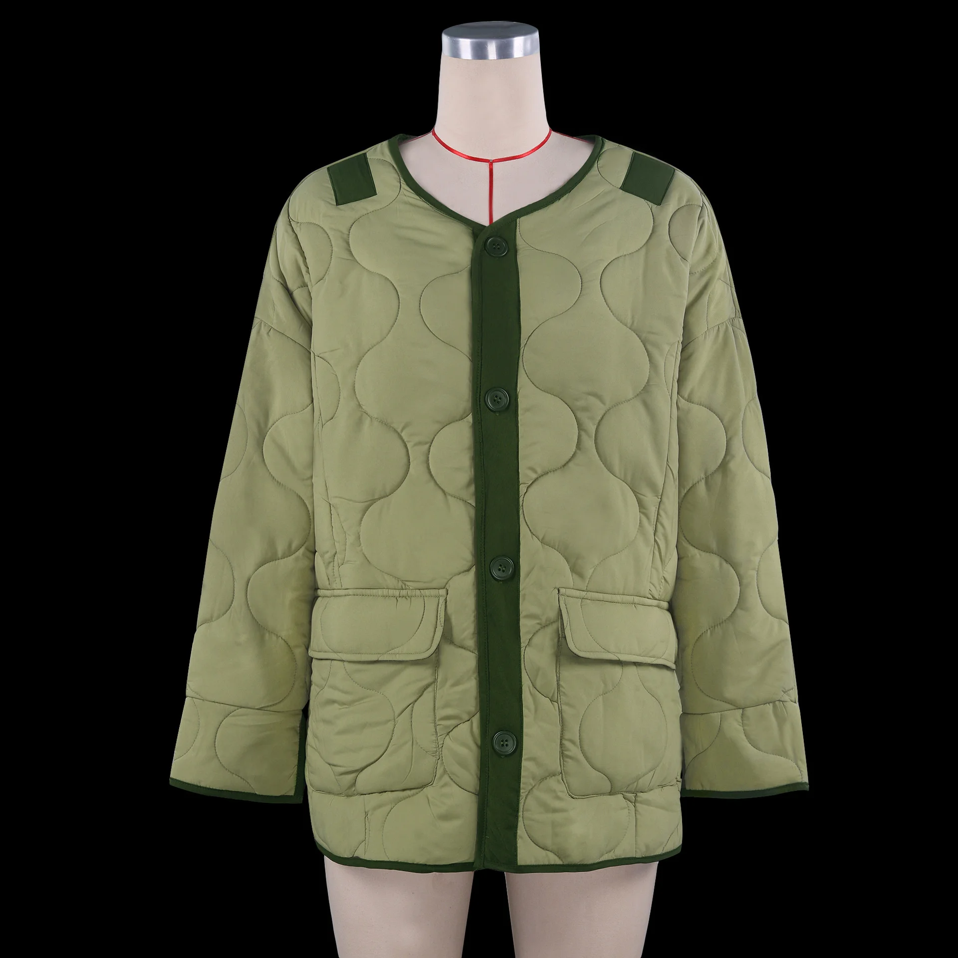 HenzWorld Green PufferJackets For Women Autumn Winter Fashion Warm Breasted Cotton Quilted Coat Fashion Loose Cotton Jacket