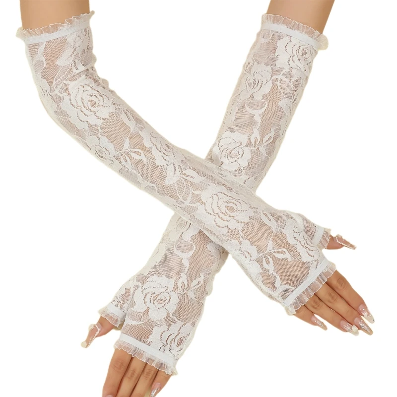 

28TF Women Lace Floral Gloves Wedding Party Bride Mittens Ruffle Cuff with Floral Decor Half Finger Gloves Cosplay Costume