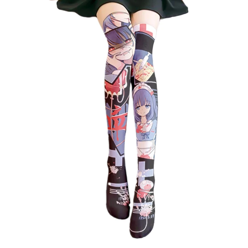 

Japanese Anime Lolita Thigh High Stockings Women Kawaii Syringe Vampire Nurse Bandage 3D Digital Print Halloween Cosplay Over Kn