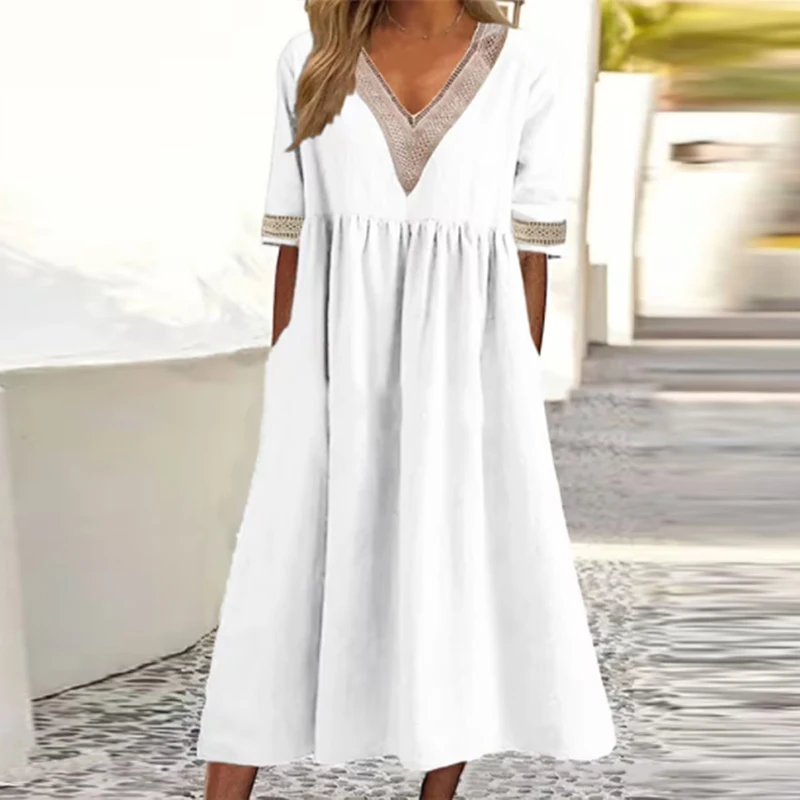 

Cotton Linen Casual Solid Color Dress Women Elegant Lace V-neck Patchwork Long Dress 2023 Fashion Short Sleeve Loose Party Dress