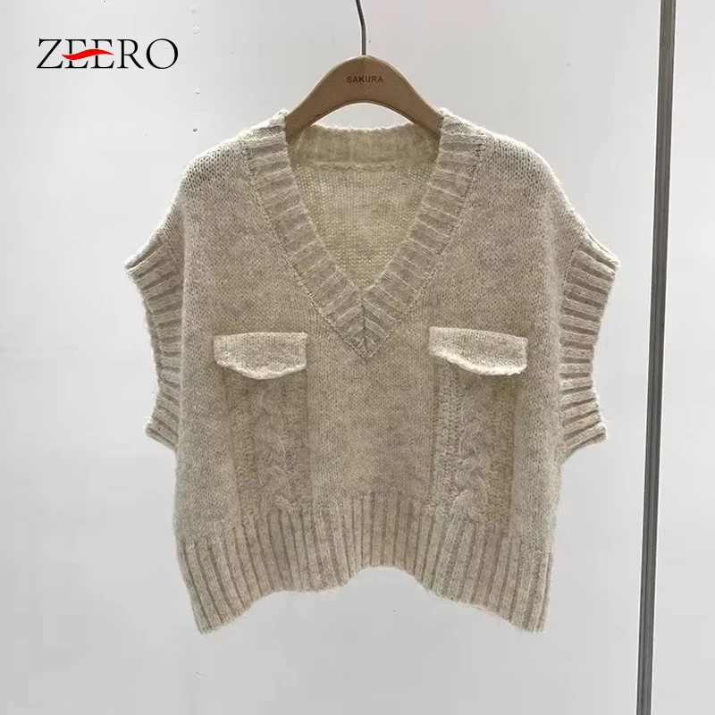 Осень-весна винтажные вязаные пуловеры с v-образным вырезом жилеты женские серые