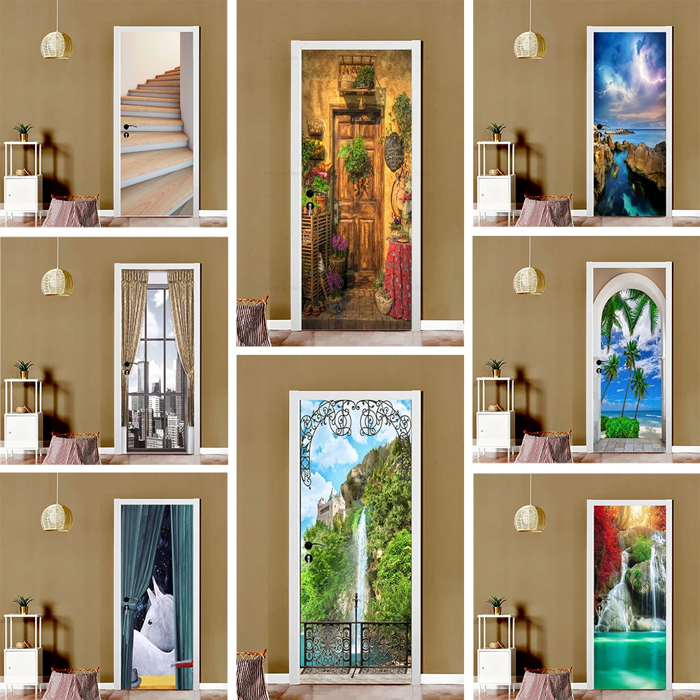 

Vintage Stone Arch Door Stickers Self Adhesive PVC Landscape Sea Scenery Poster for Whole Door Wrap Cover Mural Wallpaper