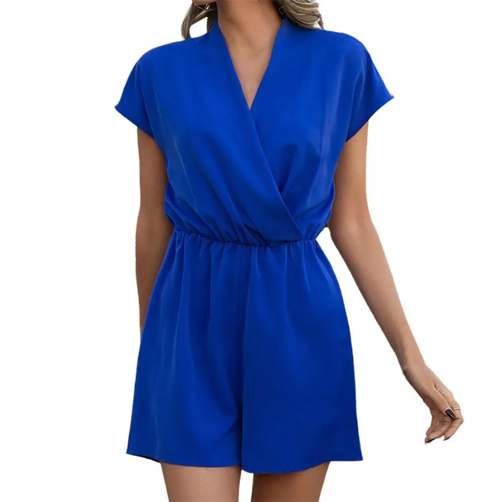 

Wide Leg Playsuit Women Romper Solid Color Youthful Short Sleeves V Neck Loose Summer Playsuit Female Clothes