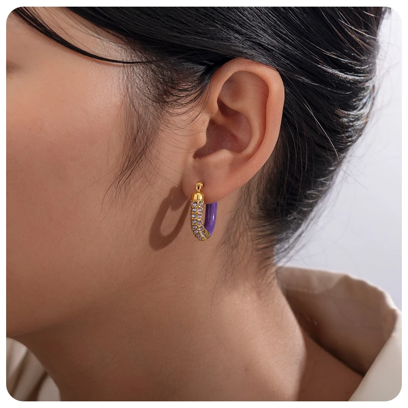 Фиолетовые эмали U-образные серьги-кольца со стразами и кристаллами для девочек