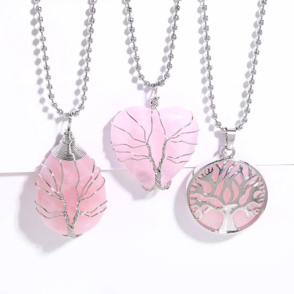

FLOLA Teardrop Shape Rose Quartz Necklaces for Women Stainless Steel Beads Chain Nature Stone Necklaces Reiki Jewelry nkeb668