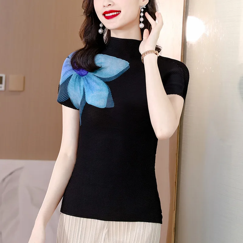 

Pleated Top Women's Short Sleeve Retro Half High Collar Summer New Slim Fit Women's T-shirt Thin Style
