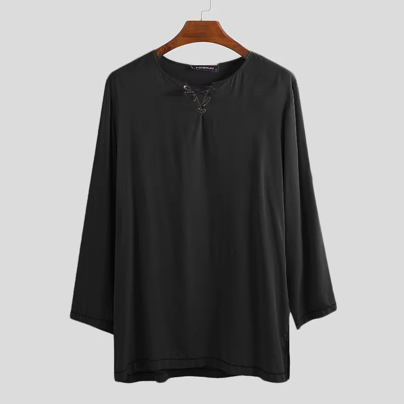 Рубашка Viking из хлопка и льна топы со шнуровкой длинными рукавами мужской