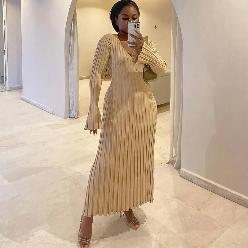 

Autumn Cotton Pleated Women's Knitted Dress Pregnancy Black V-neck Flare Sleeve Long Dresses Female Elegant Loose Clothes Ladies