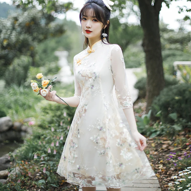 

Китайское традиционное платье Ципао, кружевное платье с вышивкой, короткое платье Ципао в китайском стиле, современное платье Ципао