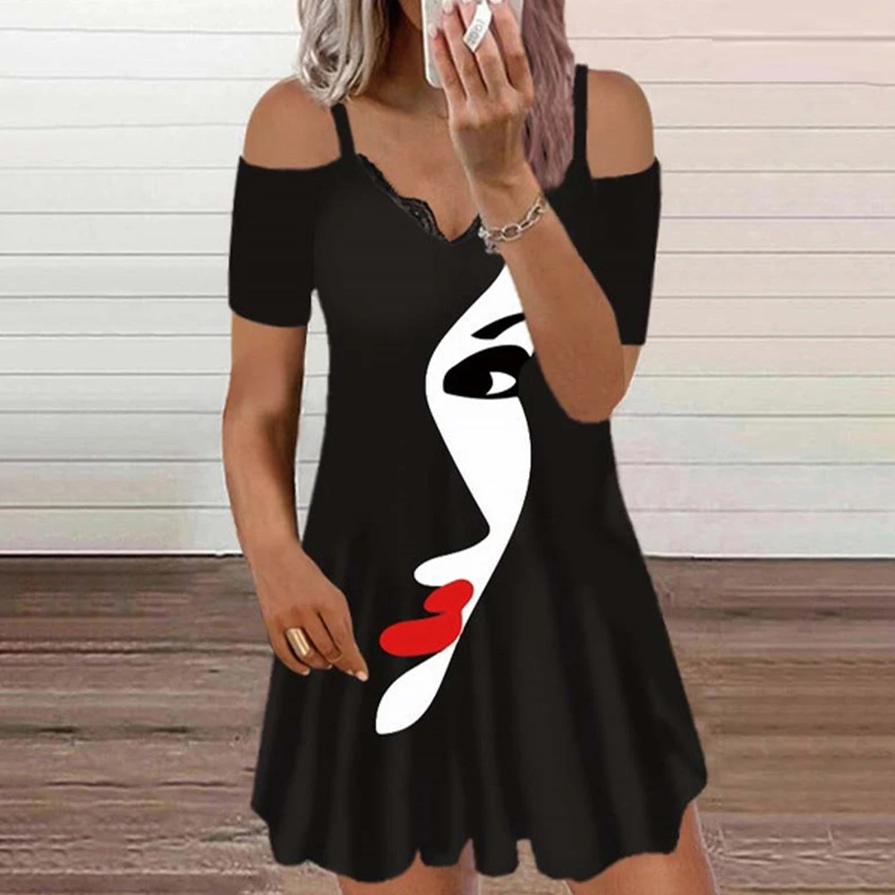 

Женское короткое платье с коротким рукавом, черное кружевное повседневное облегающее платье с открытыми плечами и V-образным вырезом для лета