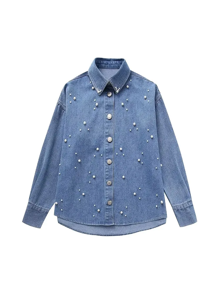 

TRAF Women Denim Shirts Fashion Jewelry Embellished Shirts Women Vintage Single Breasted Tops Female Casual Slim Tops