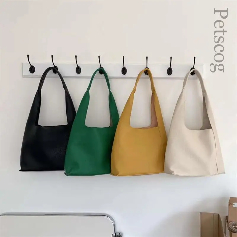 

Повседневная Мягкая вместительная сумка-тоут для женщин, однотонная сумка-мешок из искусственной кожи для покупок на плечо, модные женские ...