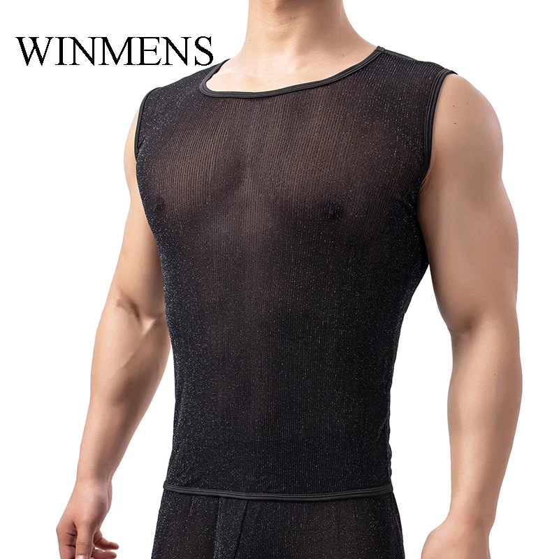 Men's Transparent Tank Tops Gold Dots Mesh Sleeveless Undershirts Gay Fitness O-neck See Inner Vest Sheer Bodybuilding Singlets