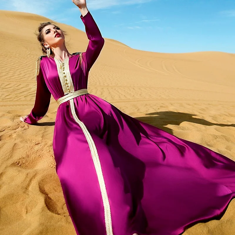 

Decoration Epaulets Tassel Long Dress Elastic Waist Court Style Party Long Sleeve Elegant Swing Maxi Dress Fashion Robe Abaya
