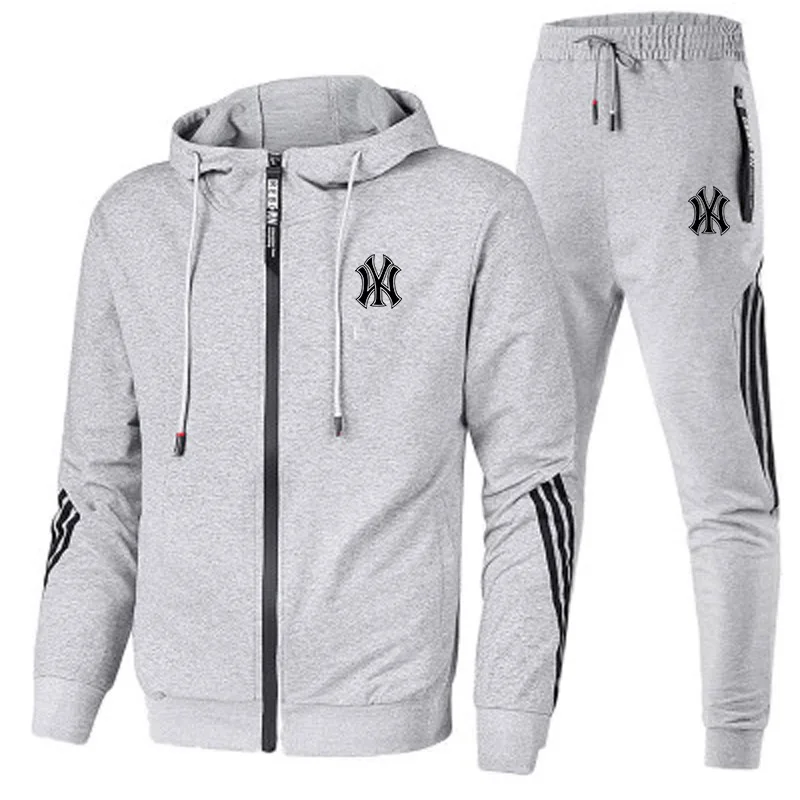 Casual Men's Suit Spring Autumn High Quality Zipper Hooded Jacket Jogging Fitness Mountaineering Sportswear + Pants 2 Piece Set
