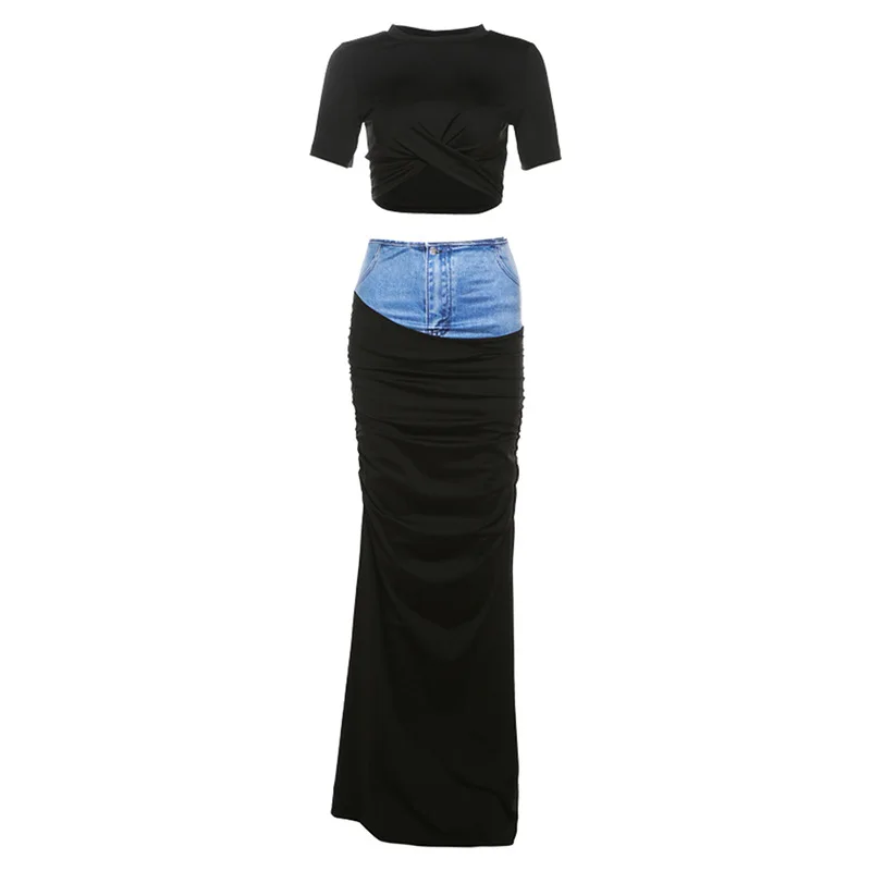 Женский джинсовый костюм с юбкой и коротким рукавом на лето