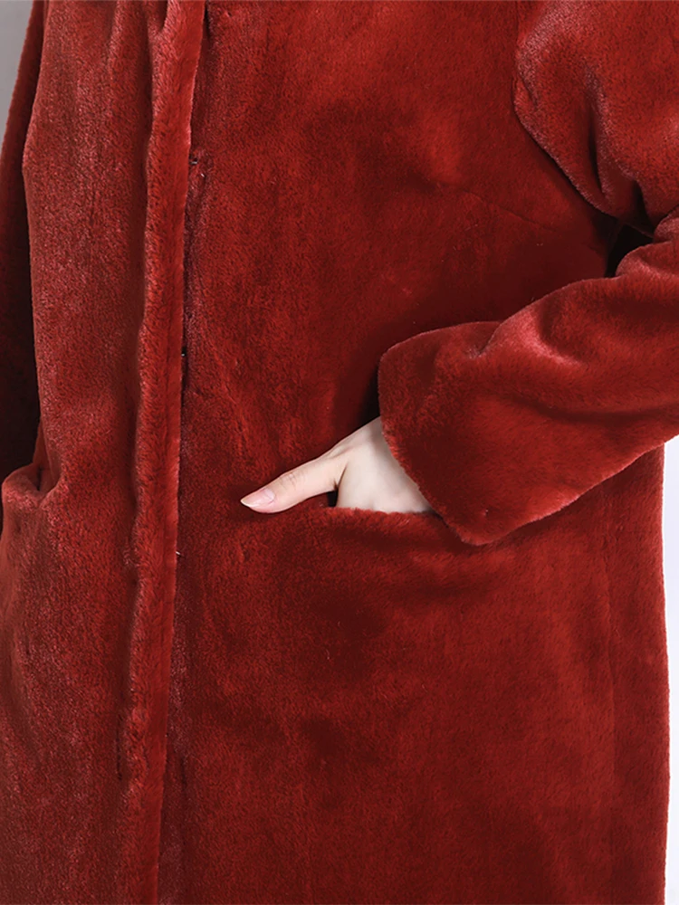 Nerazzurri Winter Women Faux Fur Coat with Hood Long Sleeve Red Black Warm Soft Plush Fluffy Jacket Casual Korean Style Fashion