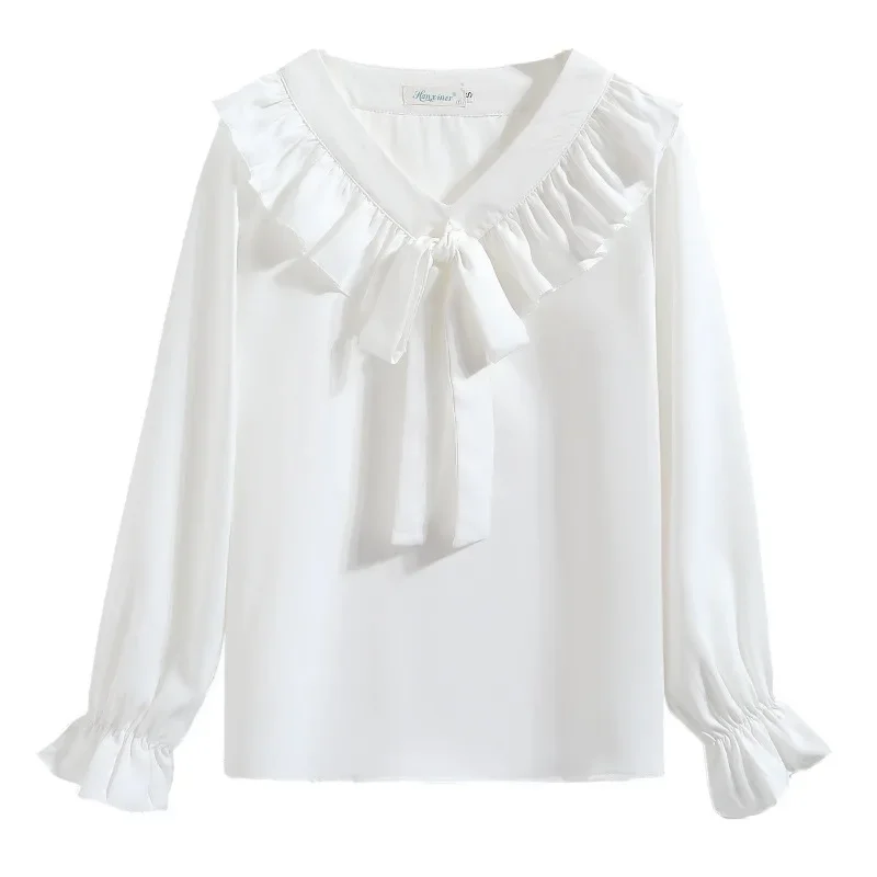 Повседневная Женская блузка с длинным рукавом белая оборками и V-образным