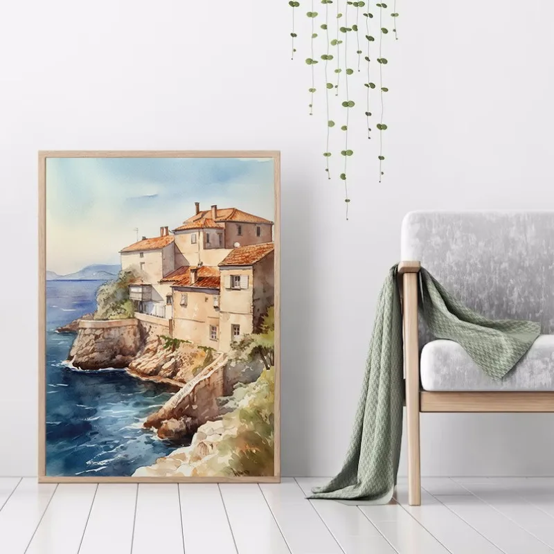 Акварель средиземноморский Дубровник старый город лодка берег городская пейзаж