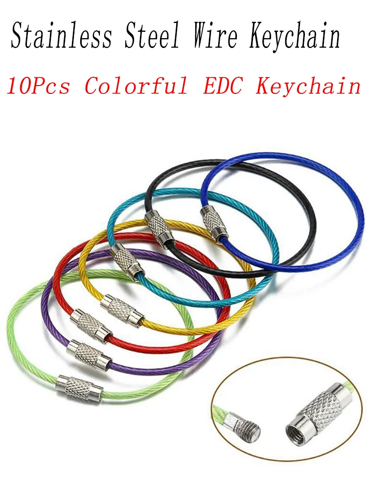 

10Pcs Stainless Steel Wire Keychain Colorful EDC Carabiner Key Cable Rope Screw Locking Key Chain Outdoor Camp Gadget