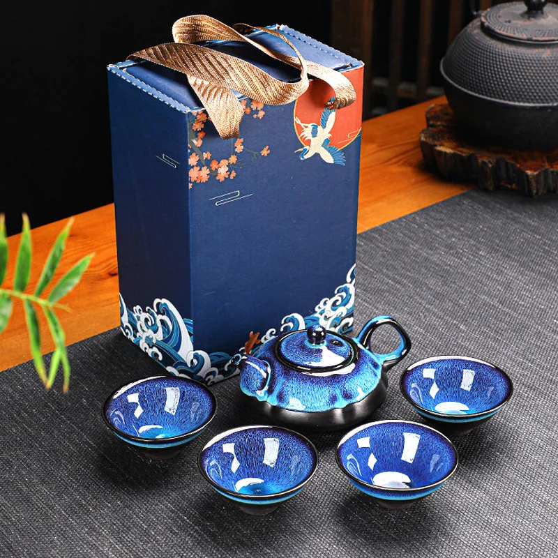 

Oriental Star Glazed Travel Outdoor Ceramic Tea Set Portable Pot Four Cup Festival Kung Fu Tea Set tea pot and cup set