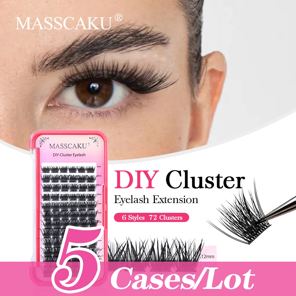 MASSCAKU 5cases/lot D/D+ Curl 12 Lines Black Segmented Eyelash Extension Cosmetic Custom Private Label Top Brand Women Makeups